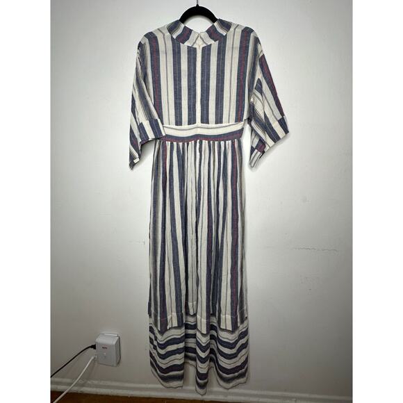 Three Graces London Ferrer Tan Blue Red Stripe Short Cuff Sleeve V-Neck Dress 10 - Picture 9 of 16